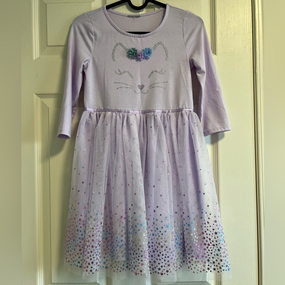 Charming Lilac Kids Dress with Cat Design